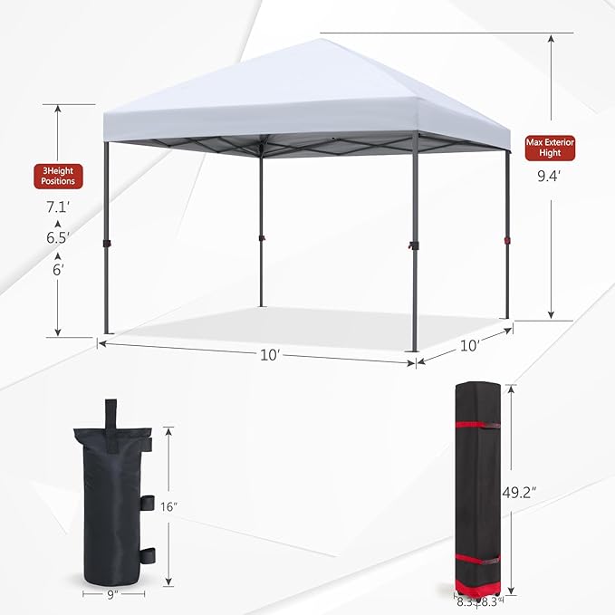 ABCCANOPY 10x10 Pop Up Canopy - Outdoor Patio Portable Canopy Tent Gazebo Heavy Duty for Backyard and Deck with 4 Sandbags and 8 Stakes (White)