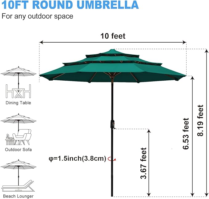 Eurmax USA 10-Year-Non-Fading 10Ft 3 Tiers Market Umbrella Outdoor Patio Umbrella Table Umbrella with 8 Ribs,Hand Crank and Ventilation (Teal)