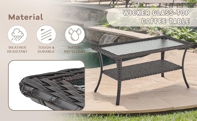 Swivel Patio Chairs sofa Set of 7 with 6" Thick Cushion - Wicker Outdoor Swivel Rocker Patio Chair ,Sofa/Glass coffee table, High Back Comfortable Outdoor Glider Chairs - Brown Wicker Beige Cushions