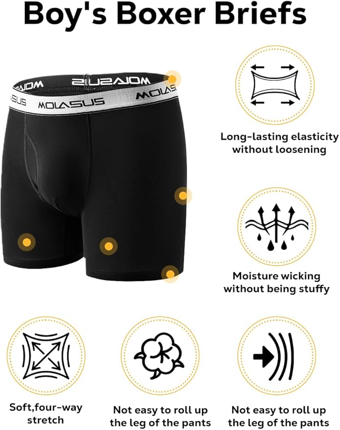 Molasus Boys Underwear Cotton Boxer Briefs With Fly for 6-20 Years Old Teen 5 Pack