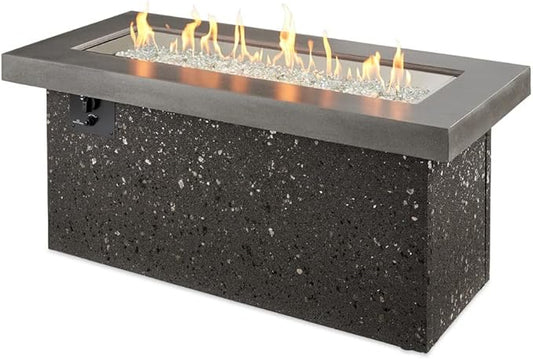 Outdoor GreatRoom Co Propane Fire Pit Table - Key Largo Gas Fire Pits for Outside Patio - 48 Inch Rectangular Concrete Firepit Fire Table, Stucco Base, Glass Tabletop Cover, 80,000 BTU - Black