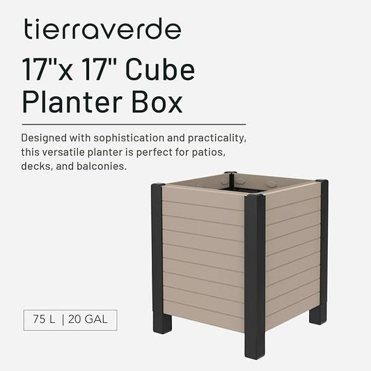 Tierra Verde 17-Inch x 17-Inch Flora Cube Planter Box with Tool-Free Connect System and Crafted from Recycled Materials, for Patios or Decks, Khaki