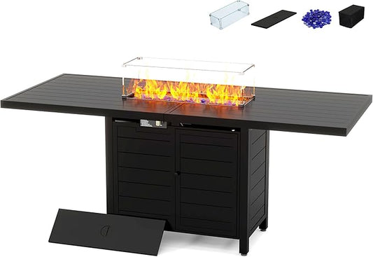 PIZZELLO 60 inch Outdoor Propane Gas Fire Pit Table, 50,000 BTU Auto-Ignition Gas Firepits with Wind Guard, Upgraded Aluminum Fire Pit with Glass Beads, CSA Certification
