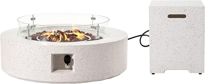 HOMPUS Outdoor Round Propane Fire Pit Table, 41''x12'' Fire Table w Wind Guard & 20lb Tank Cover Table, 50000 BTU Fire Pit w Free Waterproof Cover & Fire Stone for Patio, Garden, Colorful Terrazzo