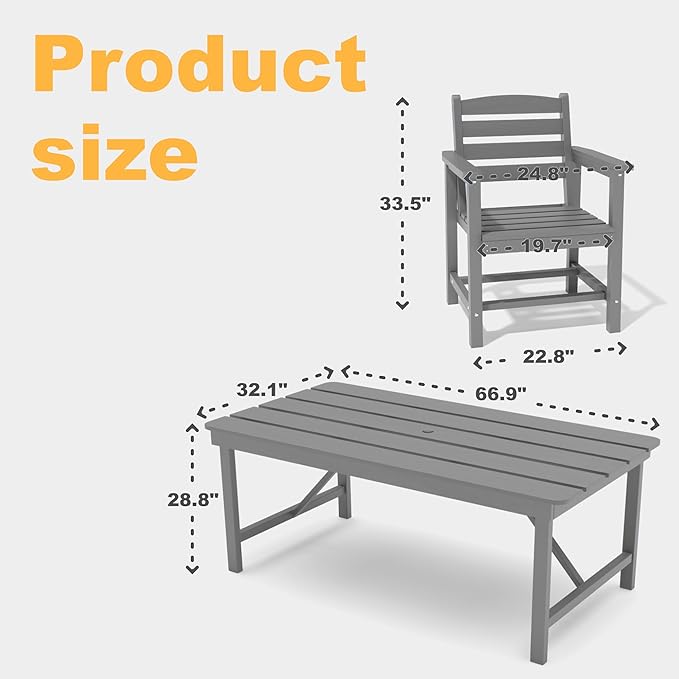 Kingdura 7 Piece Patio Dining Set for 6, HDPE Outdoor Table & Chairs with Umbrella Hole, All-Weather Outdoor Furniture Patio Conversation Set for Lawn Pool Backyard, Grey