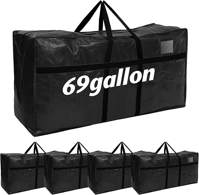 Windyun 4 Pack 69 Gallon Extra Large Storage Bags XXL Moving Bags with Zipper Handles Heavy Duty Jumbo Big Tote Box for Christmas Tree Storage 4, 5, 7.5, 9, 10, 12 ft Skeleton College Dorm(Black)