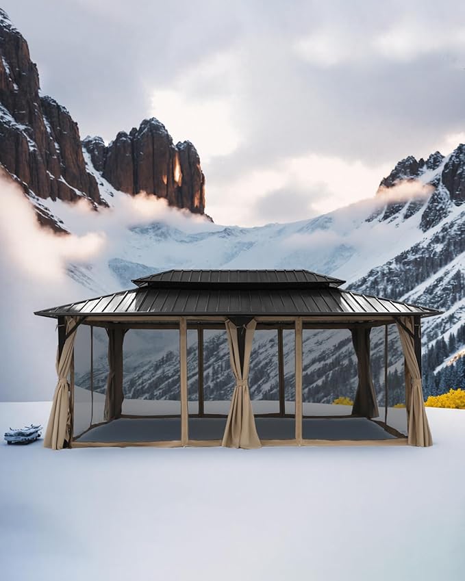 SEEHILL 12' x 20' Hardtop Gazebo, Outdoor Patio Gazebo, Aluminum Frame Patio Hardtop Gazebos with Netting and Curtain, Outdoor Patio Pergola with Double Steel Roofs for Deck, Lawns, Parties, Sandstone