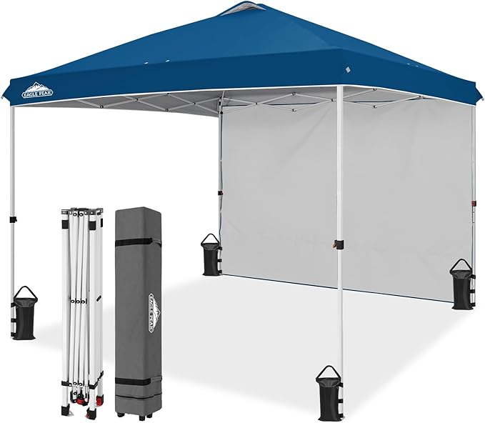 EAGLE PEAK Pop Up Canopy Tent with 1 Sidewall, Easy Setup Event Tent, Outdoor Sun Shade, Wheeled Carry Bag, Stakes and Guy Ropes, Instant Canopy 10x10, Dark Blue