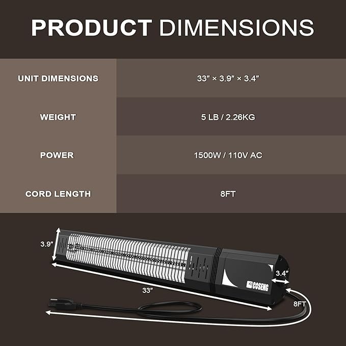 1500W Infrared Patio Heater, IP65 Waterproof Outdoor Electric Heater with Remote, 4 Heat Levels, 24H Timer, Memory Function, Fast Heating for Garage, Backyard, Black 2 pack