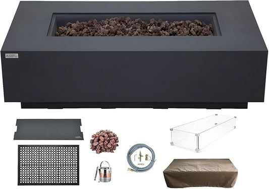 AMS Creations | Madison 60" Bundle Rectangular Natural Gas Outdoor Fire Pit Table | Dark Gray Concrete GFRC | Smooth Texture or Surface | Electronic Ignition | Outside Backyard Fireplace