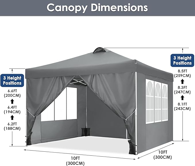 COBIZI Canopy Tent 10x10 Pop Up Outdoor Canopies with 4 Sidewalls Waterproof Commercial Instant Gazebo Tents for Party Patio Backyard with 4 Sandbags, 4 Stakes & 8 Ropes, Grey
