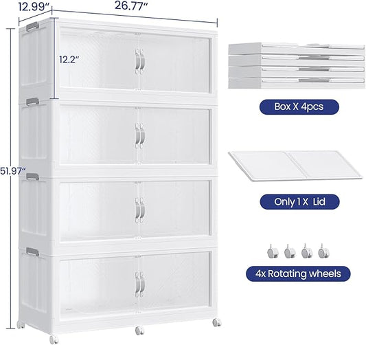 480QT Plastic Stackable Storage Bins with Lid, 120GAL Extra Large Collapsible Box with Wheels Clear Door, Foldable Closet Organizer Container Cabinet Drawer for Home Kitchen，4Pack, White