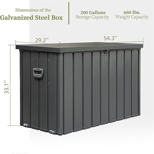 JOSHEN 200 Gallon Outdoor Storage Deck Box with Lockable and Mobile Roller,Large Steel Container Bin with Waterproof and UV Resistant for Garden,Patio,Dark Gray
