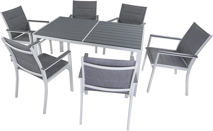 7 Piece Outdoor Patio Dining Set for 6 Person, Coolmen Patio Dining Table 6 Pack Dining Chair with Gray Frame for Backyard, Porch, Deck, Garden