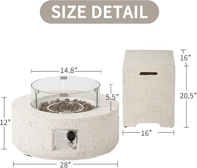 SUNBURY Outdoor 28 Inch Propane Fire Pit Table, Round Fire Table w Tank Table, 40,000 BTU Spotted White Patio Gas Fire Table w Tempered Glass Wind Guard, Waterproof Cover