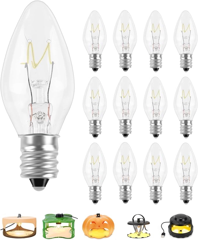PACETAP 12Pack 7W C7 Night Light Replacement Bulbs with E12 Candelabra Base for Salt Lamps, Window Candles and Chandeliers, C7 Nightlight Bulb for Outdoor String Lights Warm White 2200k