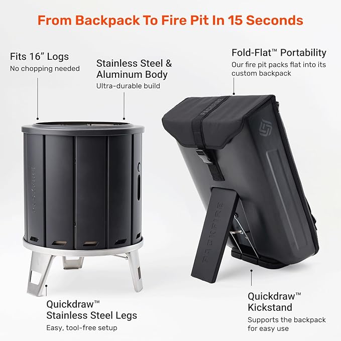 Portable Camping Fire Pit - Packable Fold-Flat Design, Smokeless Burn, Stainless Steel & Aluminum, Includes Backpack, Ideal for Outdoor & RV Adventures