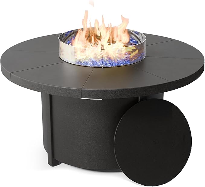 48" Round Propane Fire Pit Table with Lid, 40,000 BTU Outdoor Gas Fire Pits CSA Certified for Outside Steel Tabletop Fire Pit with Blue Glass Rock&Windshield Glass for for Patio, Balcony,Garden