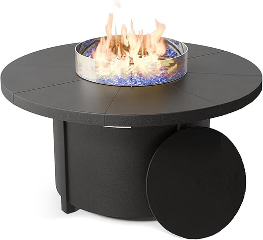 48" Round Propane Fire Pit Table with Lid, 40,000 BTU Outdoor Gas Fire Pits CSA Certified for Outside Steel Tabletop Fire Pit with Blue Glass Rock&Windshield Glass for for Patio, Balcony,Garden
