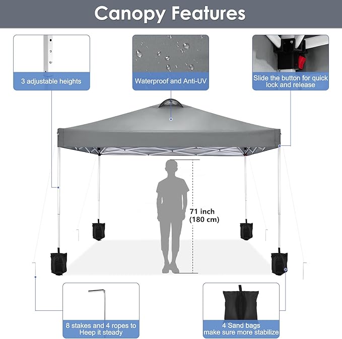 COBIZI Canopy Tent 10x10 Pop Up Outdoor Canopies with 4 Sidewalls Waterproof Commercial Instant Gazebo Tents for Party Patio Backyard with 4 Sandbags, 4 Stakes & 8 Ropes, Grey