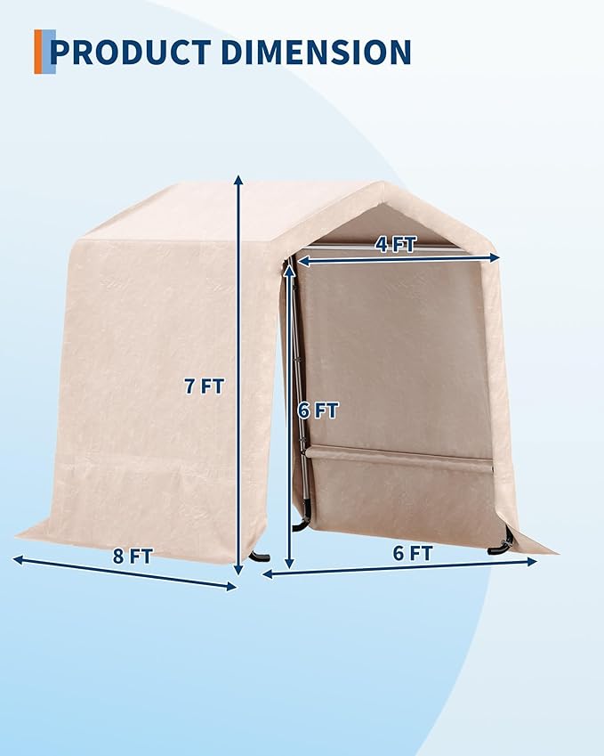  6X8 FT Heavy-Duty Portable Outdoor Storage Shed with Roll-Up Zipper Door & Vent, 240g Waterproof Carport Storage Shelter, UV-Resistant Canopy for Motorcycle, Firewood, Tools -Gray ﻿
