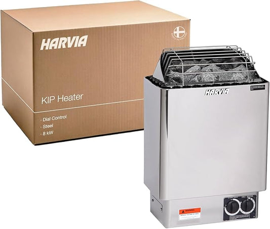 Harvia KIP Sauna Heater, Wall Mounted Electric Sauna Stove, Stainless Steel 220v Heater with Sauna Stones Included, Large Stone Cavity for Maximum Heat Release (8kW - Dials)