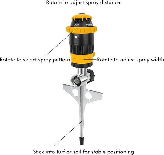 RESTMO Gear Drive Sprinkler with Metal Spike Base, 5-Pattern Heavy Duty Gardening Watering System, Multi-Adjustable Lawn Sprinkle for Garden Plant, Flower Bed and Large Yard Area Watering, Yellow