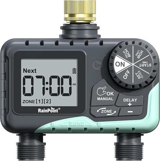 RAINPOINT Water Timer for Garden Hose - Sprinkler Timer with Brass Swivel - Rain Delay/Manual Watering/Automatic Irrigation Programmable Faucet for Yard, 2 Outlet