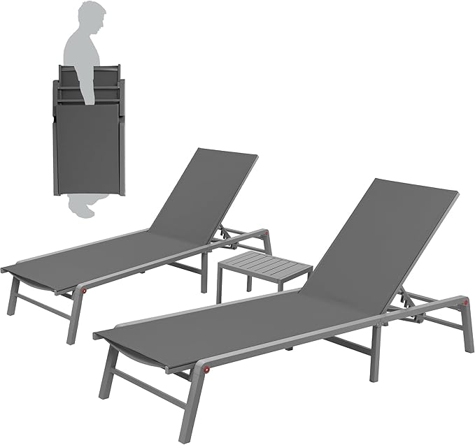 Kozyard 3 Packs Lounge Chair Outdoor Set, Foldable Outdoor Lounge Chair with 5 Adjustable Backrest Patio Lounger, Recliner and Full Flat Chairs for Patio, Beach, Pool (2 Gray Textilence W/Table)