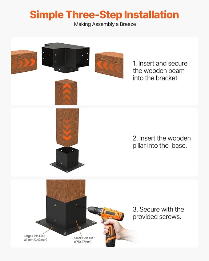 VEVOR Pergola Bracket Kit, 6x6 Inch (Inner Size 5.5x5.5), 2 Pcs 4-Way Heavy Duty Corner Bracket Woodworks DIY Post Base Kit, Easy Installation Wooden Beams for Gazebos, Patio Pergolas, Log Cabin