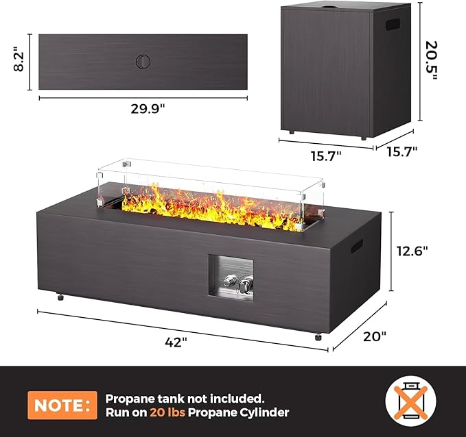42in Fire Pit Table Propane Fire Pit 2 Piece Rectangular Gas Fire Pits 50,000 BTU with Wind Guard Propane Tank Cover Table Lava Rocks for Outdoor Outside Patio