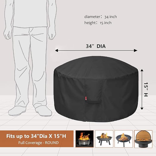 SheeChung Fire Pit Cover Round 34”D X 15”H,Heavy Duty 600D Polyester with PVC Coating Material,Waterproof Firepit Covers,Outdoor Fireplace Cover, Fits Patio Fire Pit Bowl