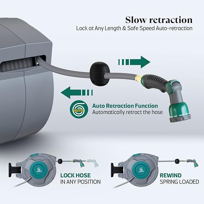 130 ft x 1/2" Retractable Garden Hose Reel, Heavy Duty Water Hose Reel Wall Mounted, Any Length Lock, 180°Swivel, Water Hose with 10-Function Nozzle for Cleaning, Watering (Green)