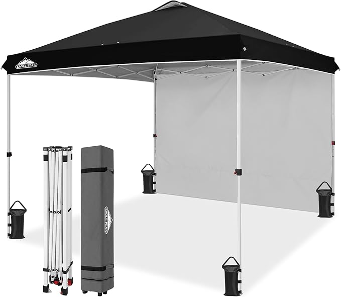 EAGLE PEAK Pop Up Canopy Tent with 1 Sidewall, Easy Setup Event Tent, Outdoor Sun Shade, Wheeled Carry Bag, Stakes and Guy Ropes, Instant Canopy 10x10, Black