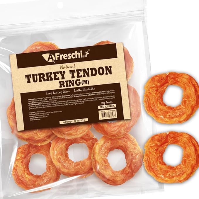 AFreschi Turkey Tendons for Dogs, USA-Sourced, Healthy Dog Treats, Rawhide-Free Puppy Chews, Long Lasting, All Natural, Hypoallergenic Dog Treats for Medium Breeds, 10 oz Pack Ring (M)