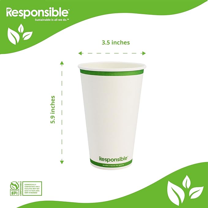Responsible Products 20 oz Paper Hot Cups, Tree-Less™ Compostable Paper Coffee Cups, Extra Strength, Tree-Free and Made Without PFAS, White (1000 Count)