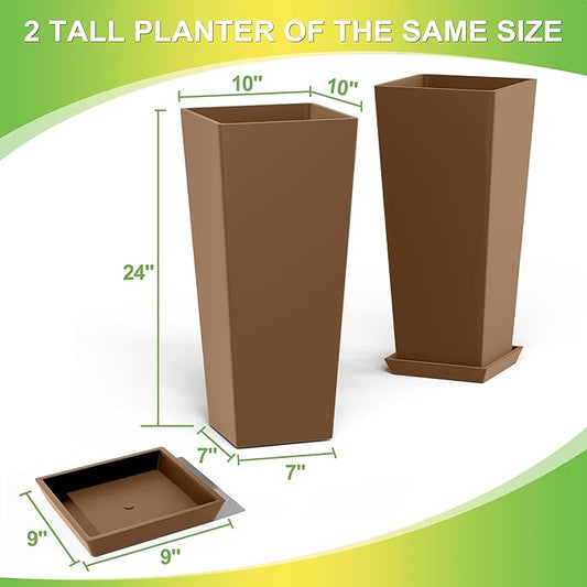 Set of 4 24" Tall Plastic Planters with Trays, Large Tapered Plant Pots for Indoor Outdoor Use, Modern Decorative Planters for Porch, Patio, Garden, and Backyard