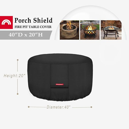 Porch Shield Fire Pit Cover - Waterproof 600D Heavy Duty Fade Resistant Round Patio Fire Bowl Cover Black - 40 inch