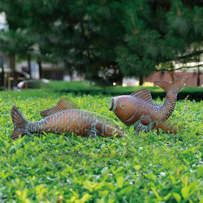 CLYB Metal Koi Fish Sculptures, Outdoor Garden Sculptures & Statues, Antique Copper Koi Pond Decor, Set of 2 Koi Fish Figurines Artwork, Garden Statue for Indoor Outdoor Patio Backyard Home Kitchen