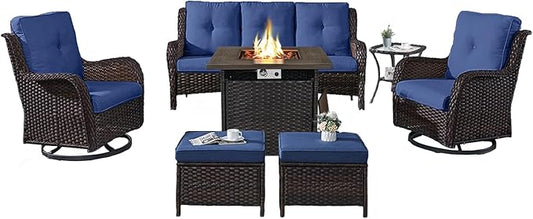 Belord Outdoor Patio Furniture Set with Propane Fire Pit Table, 7 Pieces Wicker Patio Conversation Set with 2 Swivel Glider Rocker Chairs Rattan Sofa Blue Cushion Perfect for Casual Gathering