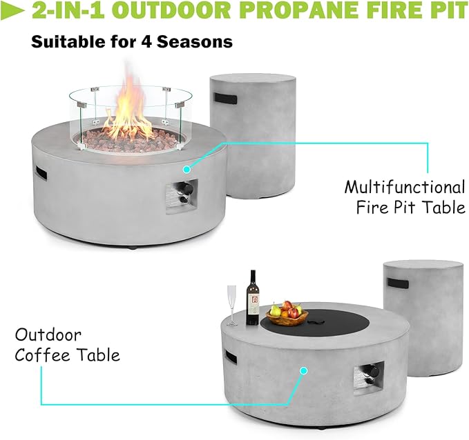 36 Inch Round Propane Fire Pit–Outdoor Firepit 3-Piece 50,000 BTU Gas Concrete Fire Pit w Tank Cover,CSA Certification,w Lid and Glass Wind Guard,Lava Rocks, Rain Cover for Backyard&Deck