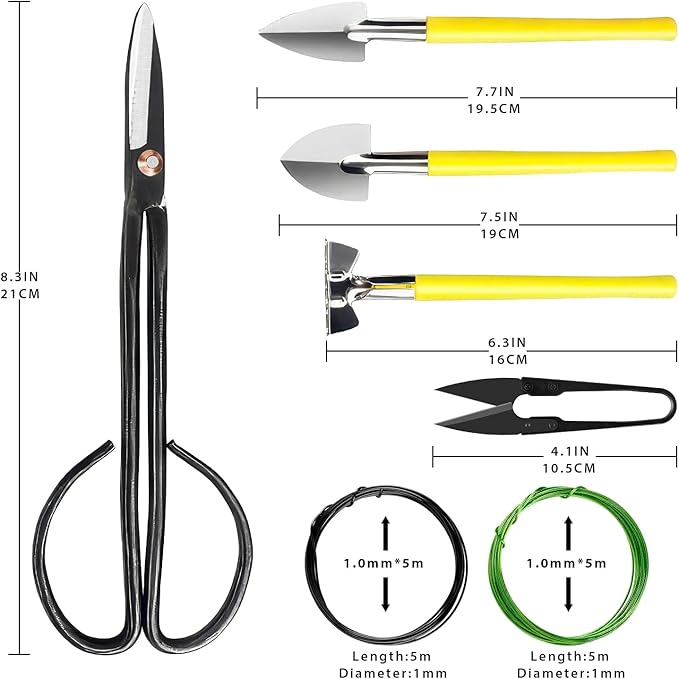 MOSFiATA Bonsai Tools Set 7Pcs, Bonsai Tree Tools Kit Succulent Trimming Tools Include Scissors, Cutters, Rake, Round and Pointed Shovel &Training Wire for Bonsai Beginner Gardening Gifts