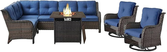 Belord Outdoor Sectional Sofa Furniture Set with Propane Fire Pit Table, Wicker Patio Conversation Set with 2 Swivel Glider Rocker Chairs Blue Cushion Perfect for Backyard Casual Gathering