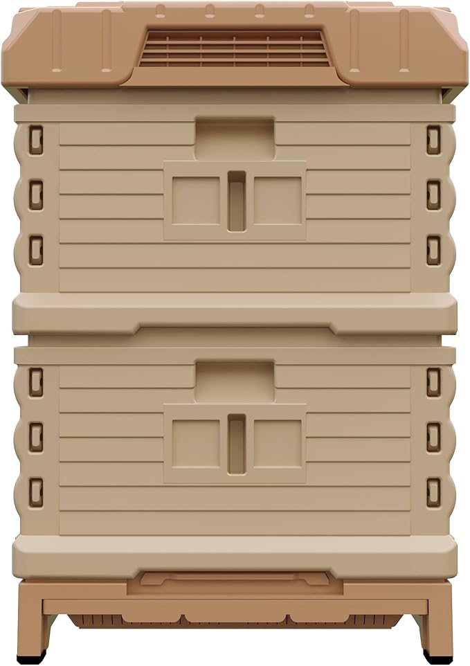 Apimaye Ergo Insulated 10 Frame Bee Hive Set [NO Frames Included] (Double Deep, Tan Body Green Entrance)