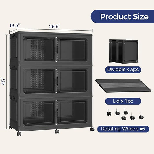 480 QT Extra Large Stackable Storage Bins with Lid, 120 Gal Collapsible Storage Box with Wheels, Folding Closet Organizers and Storage Cabinet with Doors for Home, Kitchen, Office, 3Pack Black