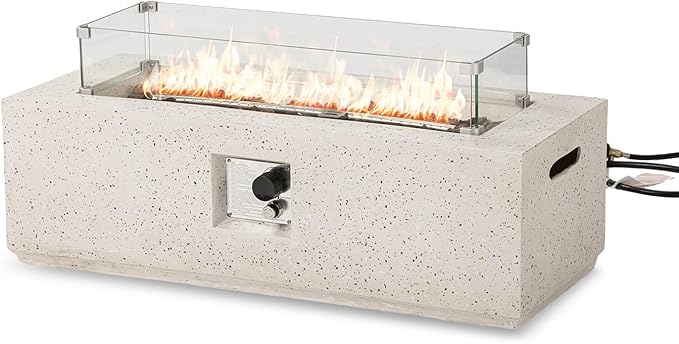 SUNBURY Outdoor Propane Fire Pit Coffee Table, 42 Inch Rectangular Firepit Table w Wind Guard, 40,000 BTU Spotted White Concrete Patio Gas Heater Fire Table w Free Waterproof Cover, Lava Rocks