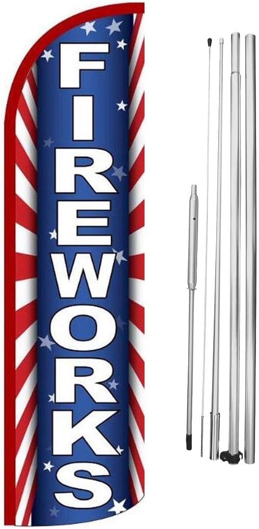 Fire Works Feather Flag | 3ft W x 11.5ft H | Durable Super-Knit Polyester with Aluminum Flagpole and Ground Spike | Outdoor Advertising Banner Flag for Promotions | One Kit w/Hardware