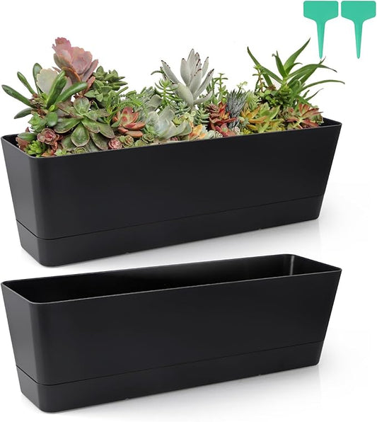 Skelang 2 Pcs Rectangular Plant Pot, 16.7" Flower Planter Box with Drainage Hole, Windowsill Container with Tray for Succulents, Herbs, Cacti, Black