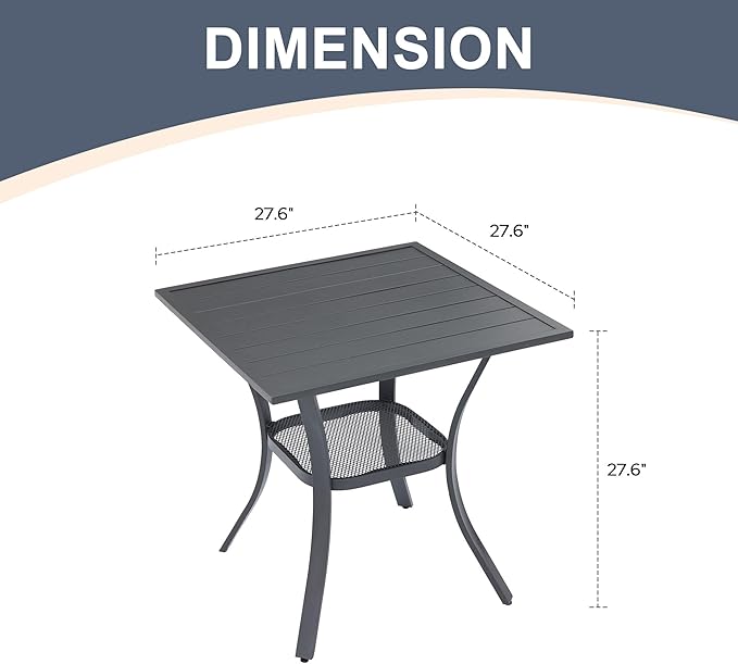 VICLLAX Patio Dining Table, Square Table Metal Outdoor Bistro Table with Rack for Balcony Garden Deck, 28inch Dark Grey