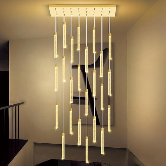 24-Lights Gold Modern Rectangular Crystal Chandeliers LED Dimmable Pendant Light for Kitchen Island Dining Room Entrance Foyer Living Room Adjustable Height